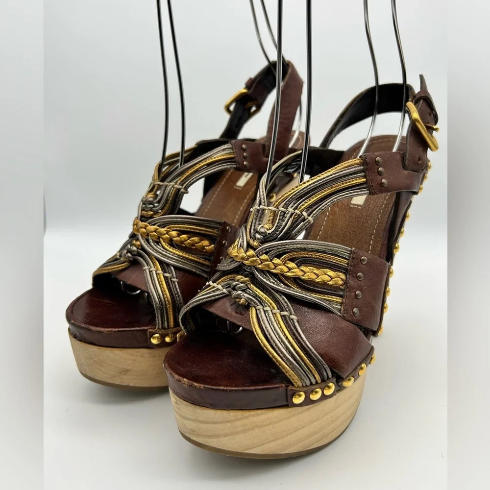 Miu Miu 36 Heel Sling Clog Wedge Platform Stud Brown Leather Wood Y2k boho tall